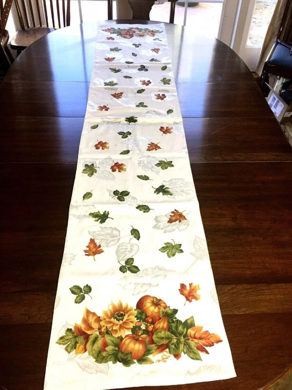Thanksgiving Fall Table Runner Pumpkins Oak leaves lined 69 x 14